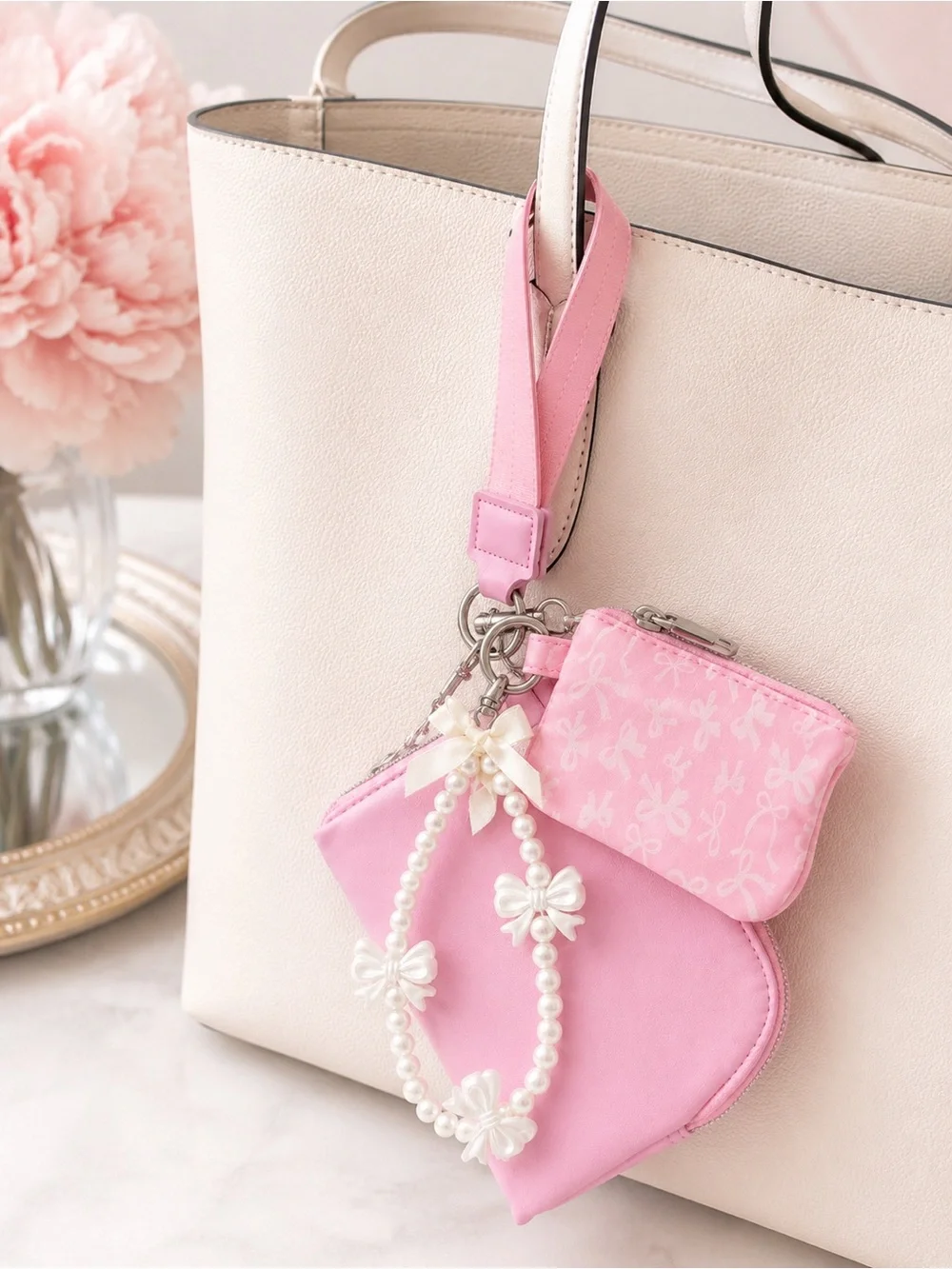 Pink Dual Wristlet Keychain Coin Pouch Card Holder Pearl Bow Charm NWT